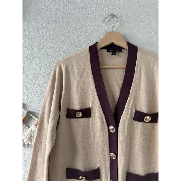 Ann Taylor Button Pocket V-neck Cropped Cardigan Brown Preppy Academia Boho M - Picture 4 of 9